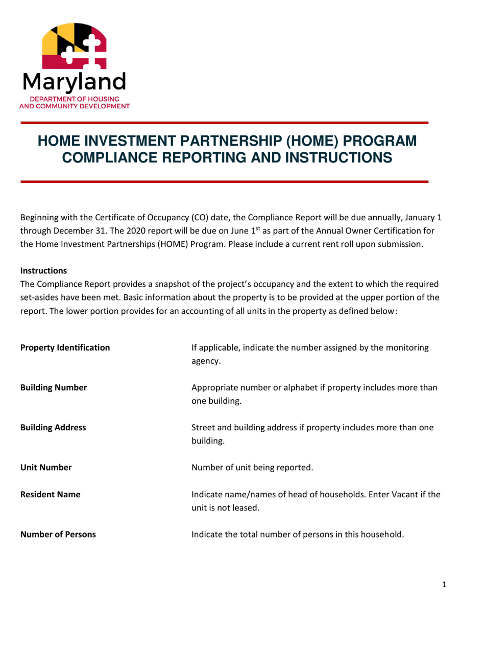 Instructions for Home Investment Partnership (Home) Program Owners Certificate of Continuing Compliance - Maryland, Page 1