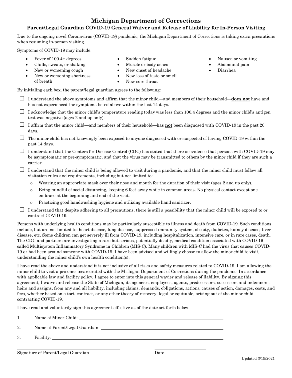 Parent / Legal Guardian Covid-19 General Waiver and Release of Liability for in-Person Visiting - Michigan, Page 1