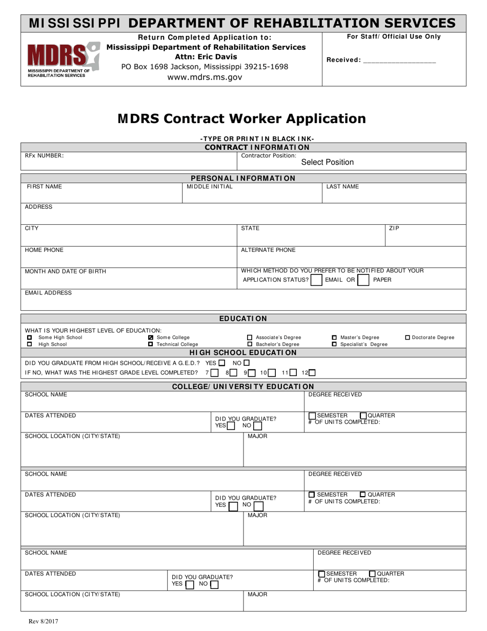 Mdrs Contract Worker Application - Mississippi, Page 1