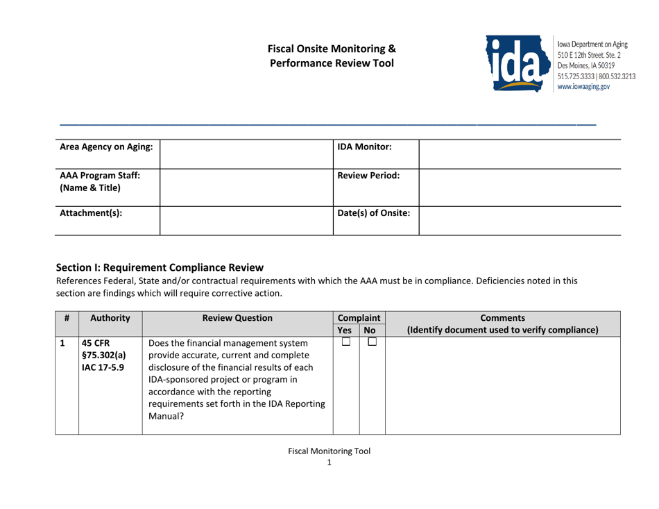 Fiscal Onsite Monitoring  Performance Review Tool - Iowa, Page 1