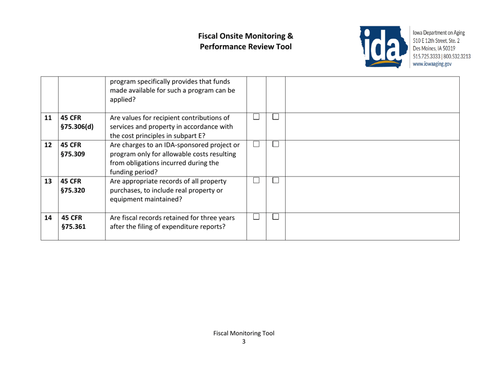 Fiscal Onsite Monitoring  Performance Review Tool - Iowa, Page 3
