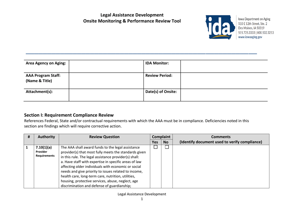 Legal Assistance Development Onsite Monitoring  Performance Review Tool - Iowa, Page 1