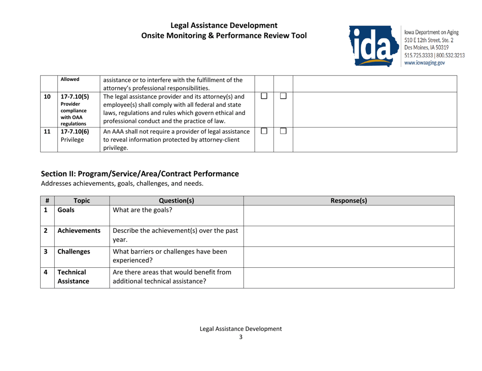 Legal Assistance Development Onsite Monitoring  Performance Review Tool - Iowa, Page 3