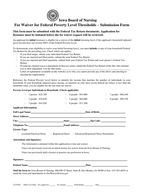 Fee Waiver for Federal Poverty Level Thresholds - Submission Form - Iowa Download Pdf