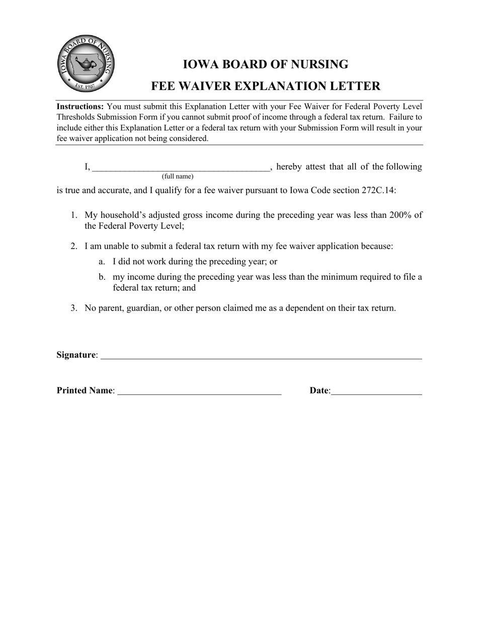 Iowa Fee Waiver Explanation Letter Fill Out, Sign Online and Download