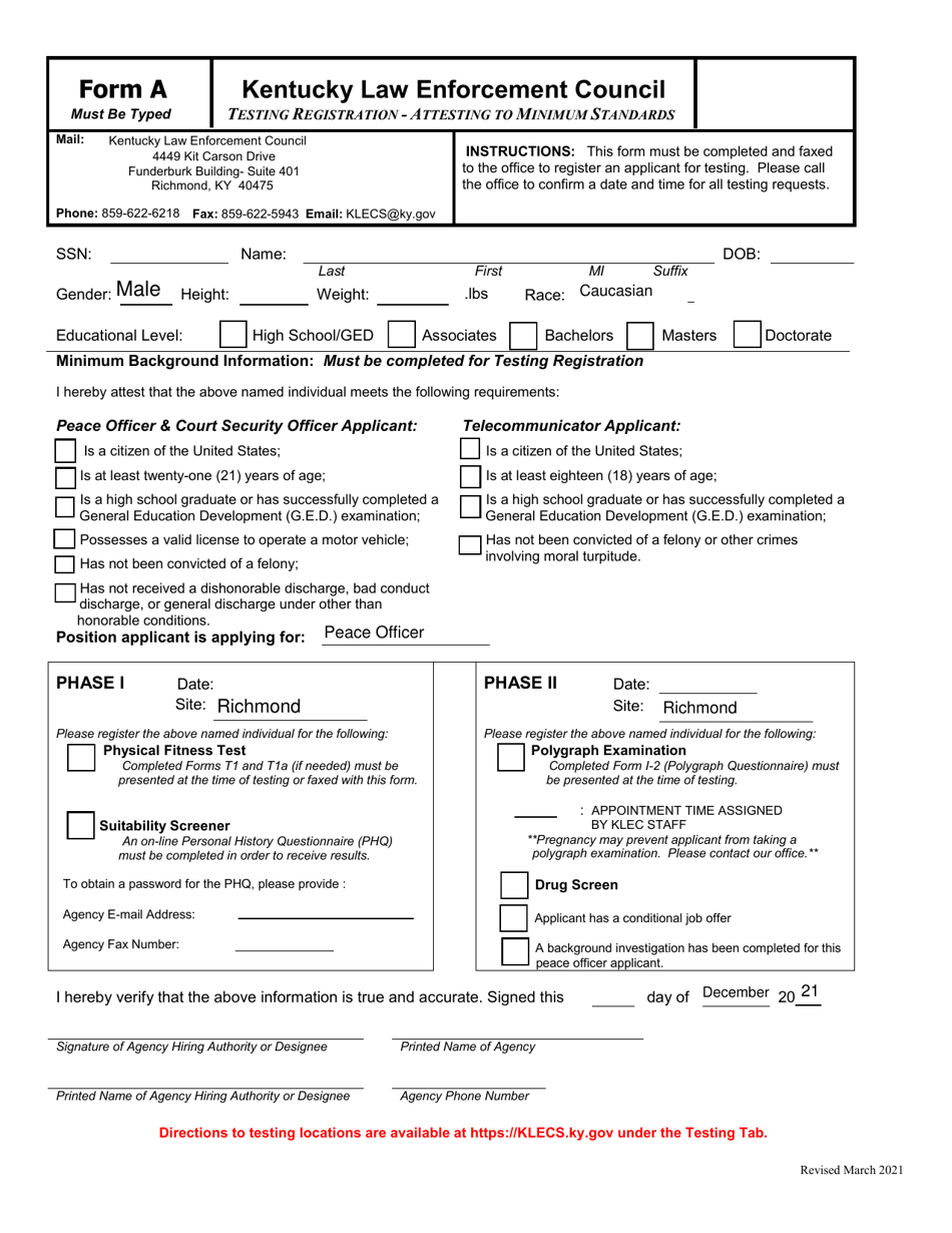 Form A Testing Registration - Attesting to Minimum Standards - Kentucky, Page 1
