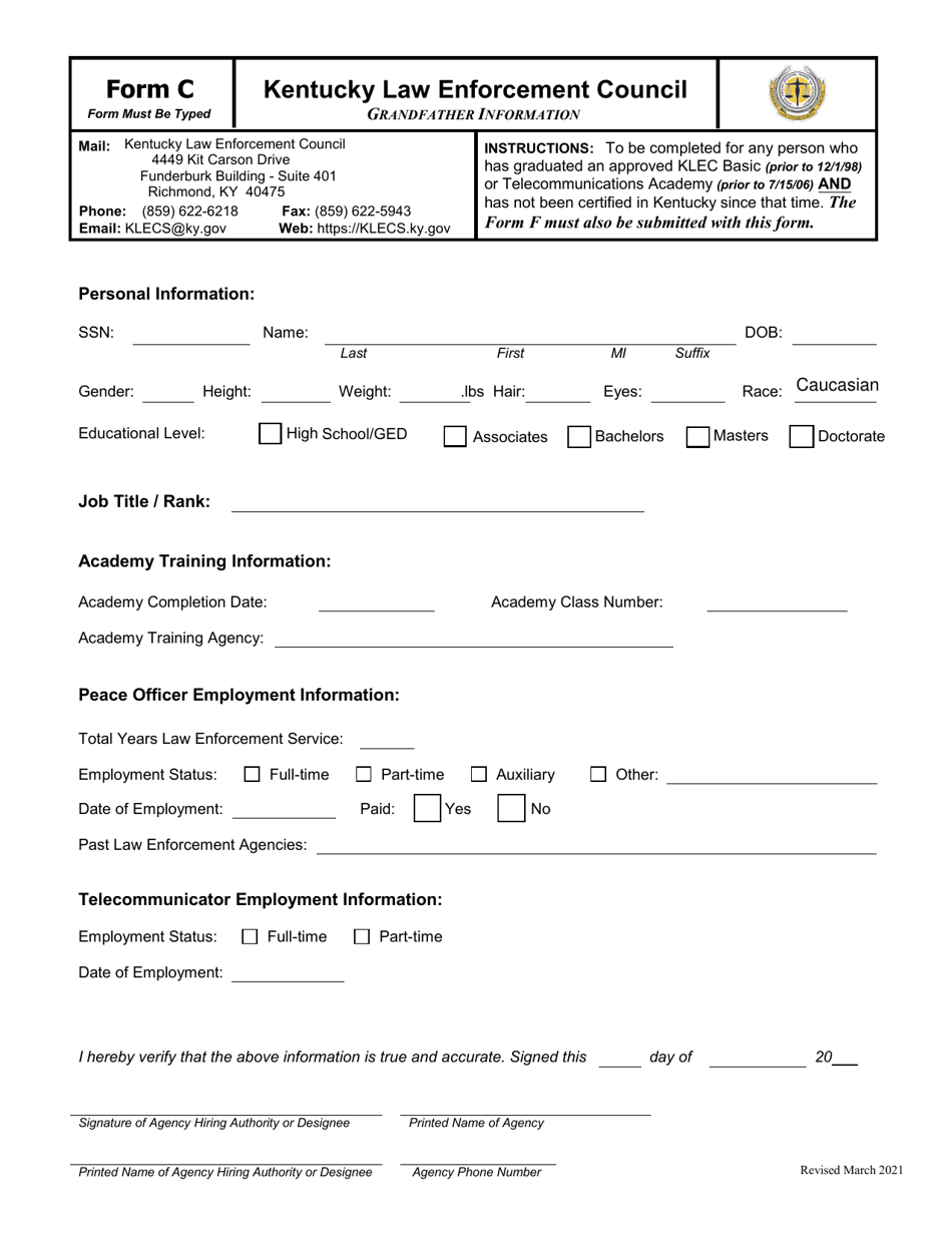 Form C Grandfather Information - Kentucky, Page 1