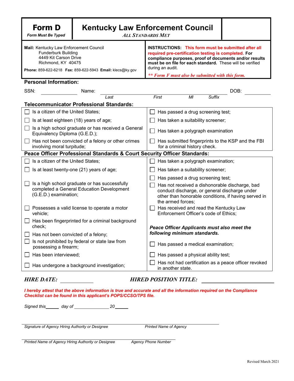 Form D All Standards Met - Kentucky, Page 1