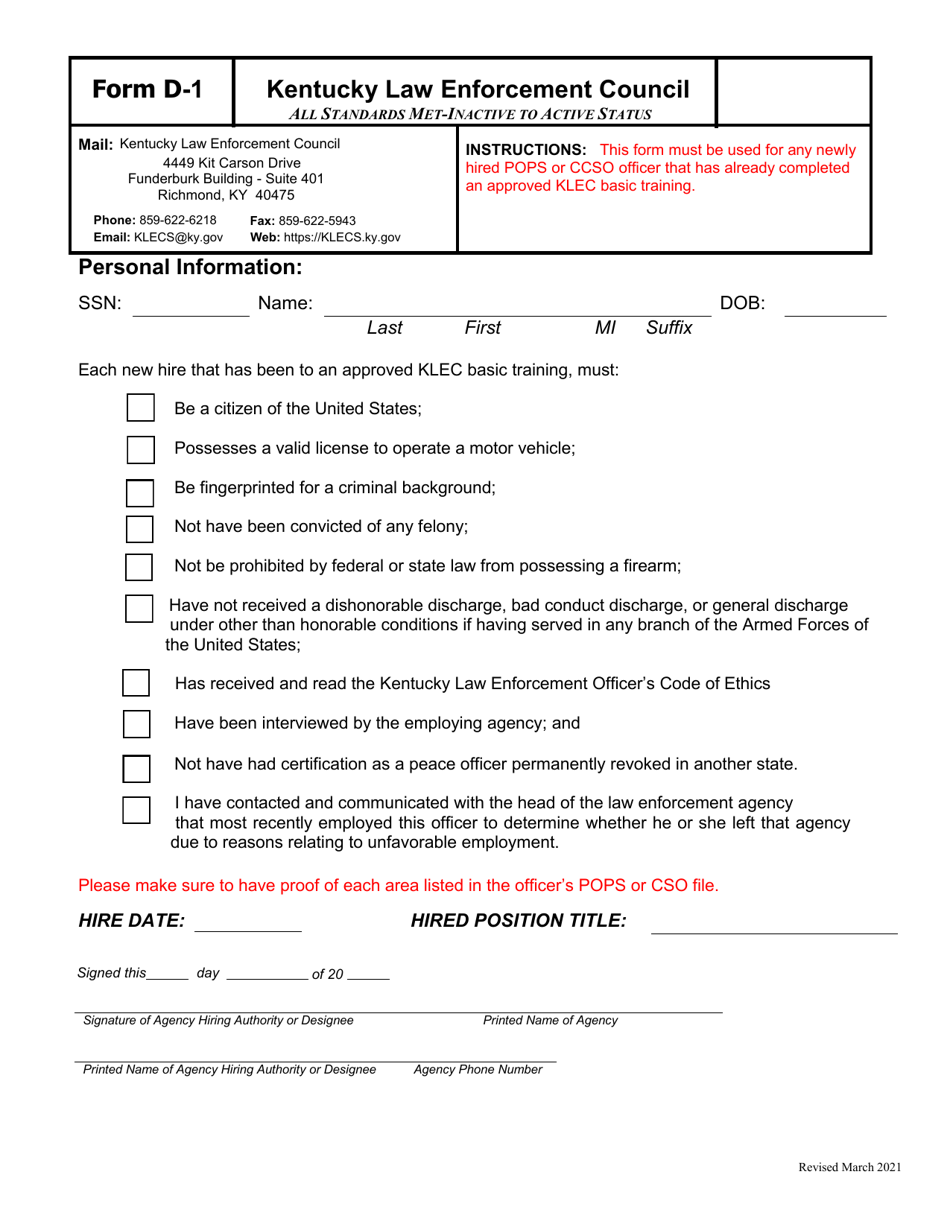 Form D-1 All Standards Met-Inactive to Active Status - Kentucky, Page 1