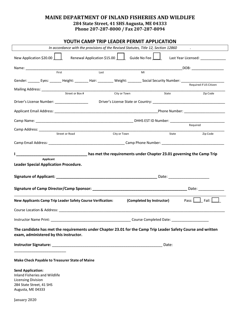 Youth Camp Trip Leader Permit Application - Maine, Page 1
