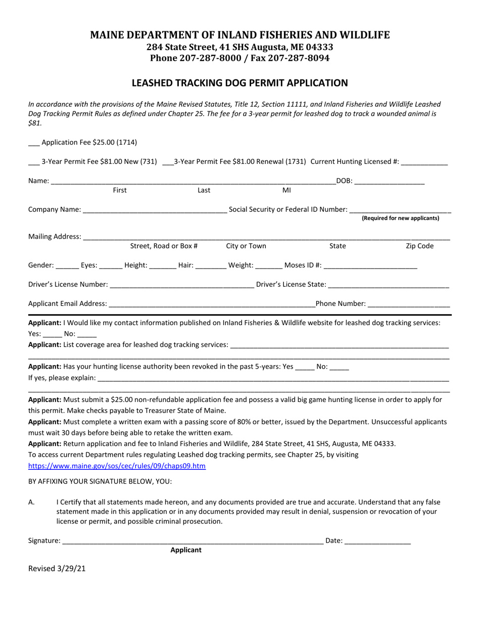 Leashed Tracking Dog Permit Application - Maine, Page 1