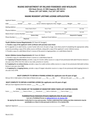 Document preview: Maine Resident Lifetime License Application - Maine