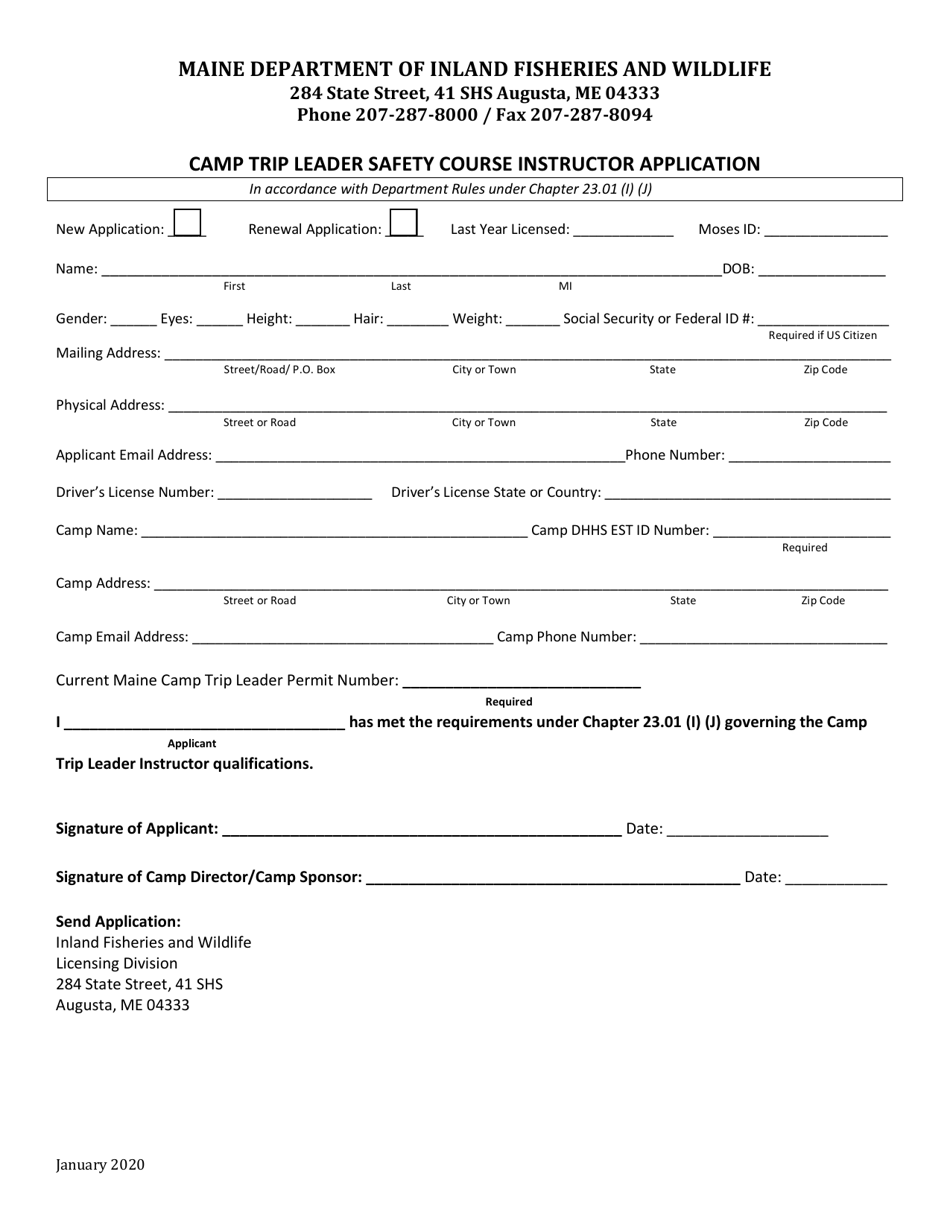 Camp Trip Leader Safety Course Instructor Application - Maine, Page 1