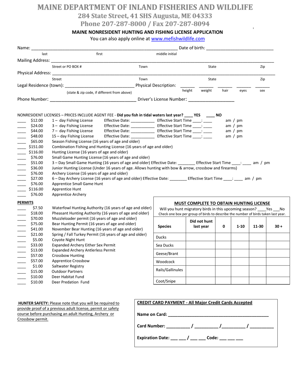 Maine Nonresident Hunting and Fishing License Application - Maine, Page 1