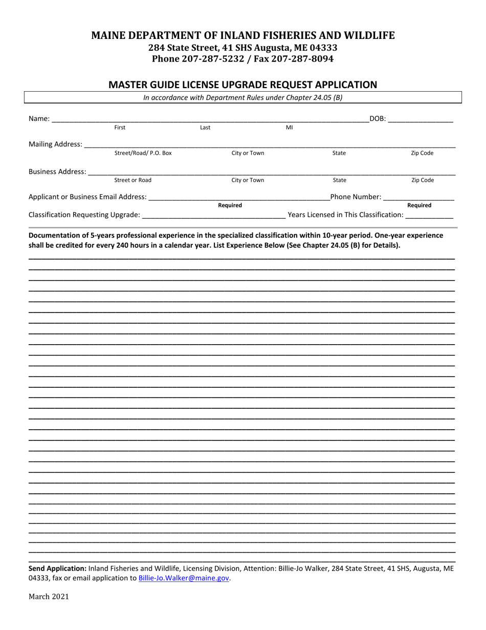 Master Guide License Upgrade Request Application - Maine, Page 1