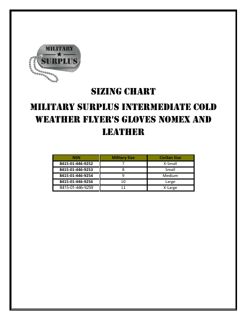 Sizing Chart for Intermediate Cold Weather Gloves in Military Surplus