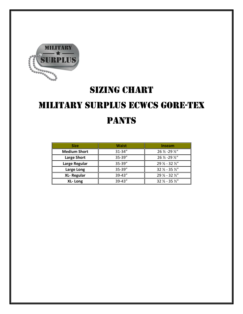Military Surplus Pants Sizing Chart