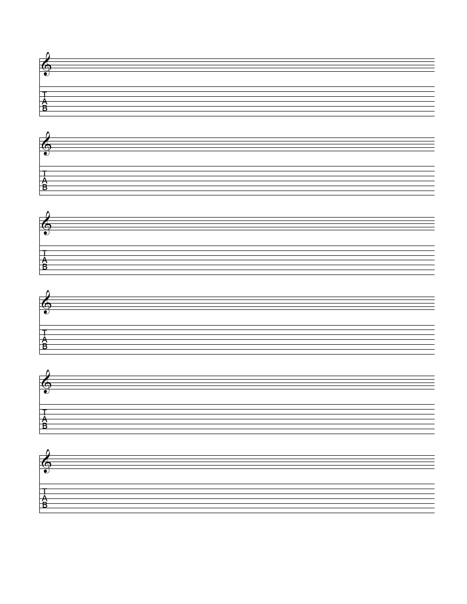 Tab and Staves Blank Sheet Music, 6 Lines, Page 1