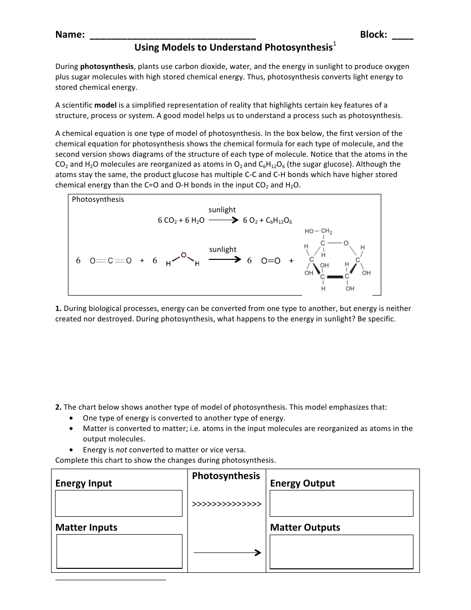 Models of Photosynthesis Worksheet - Monroe Township High School For Photosynthesis Worksheet High School