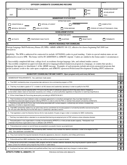 AFROTC Form 16 Officer Candidate Counseling Record