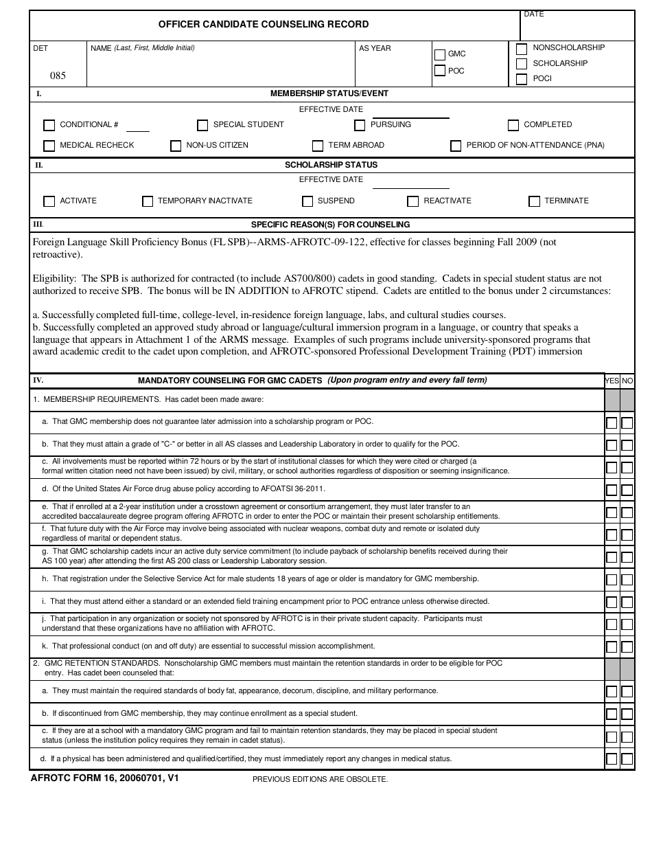 AFROTC Form 16 - Fill Out, Sign Online and Download Printable PDF ...