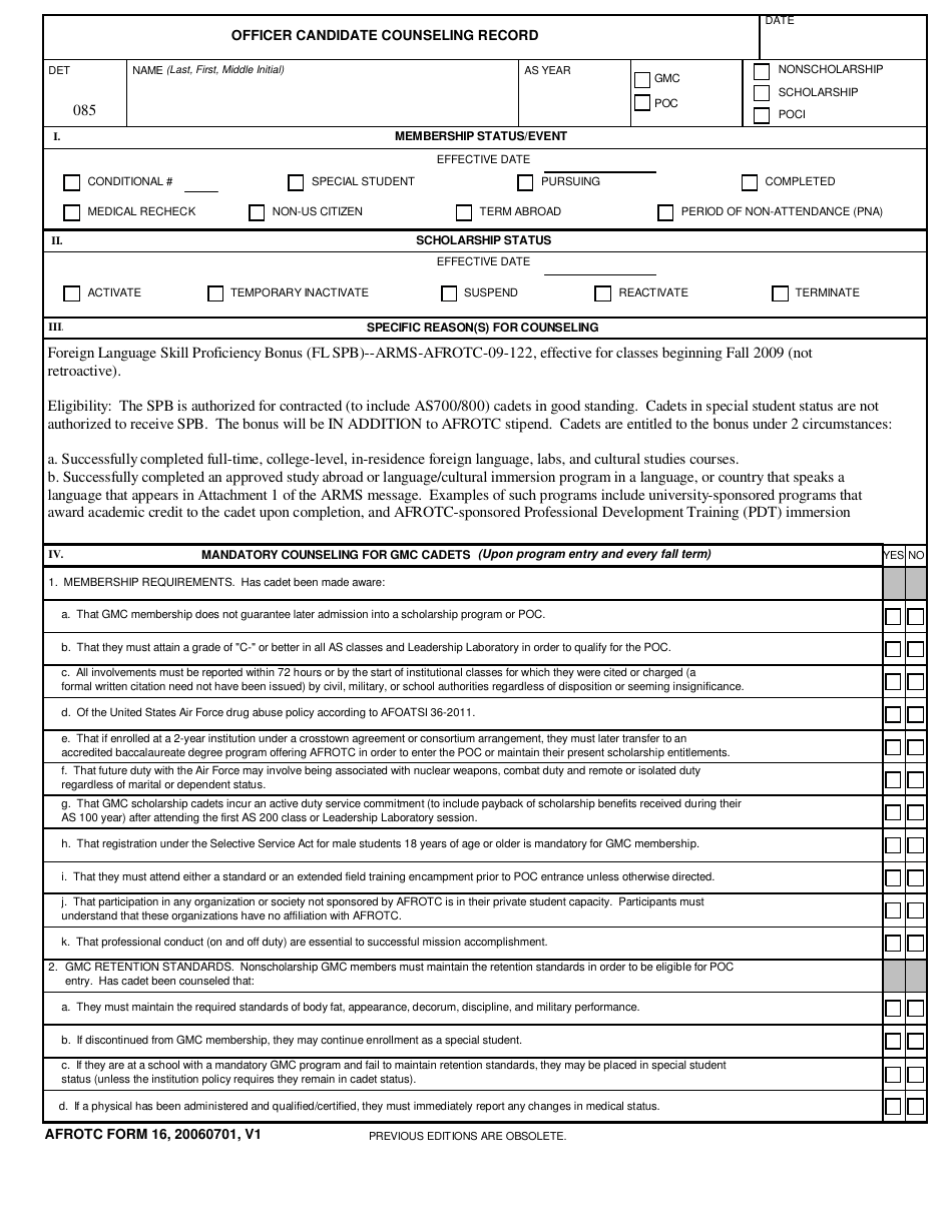AFROTC Form 16 Officer Candidate Counseling Record, Page 1