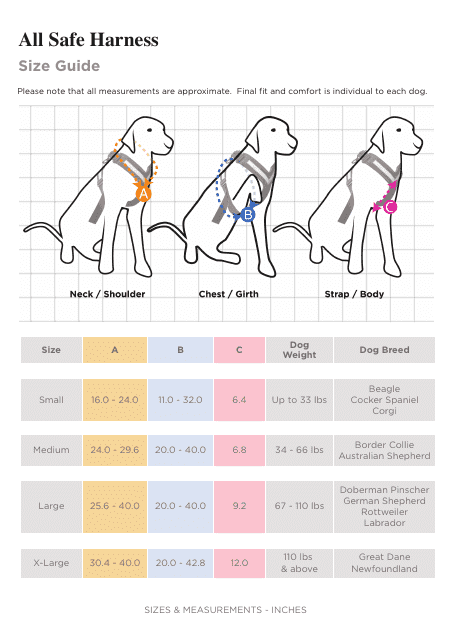 All Safe Harness Size Chart for Dogs