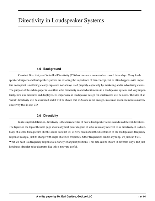 Directivity in Loudspeaker Systems - Dr. Earl Geddes, Gedlee Llc