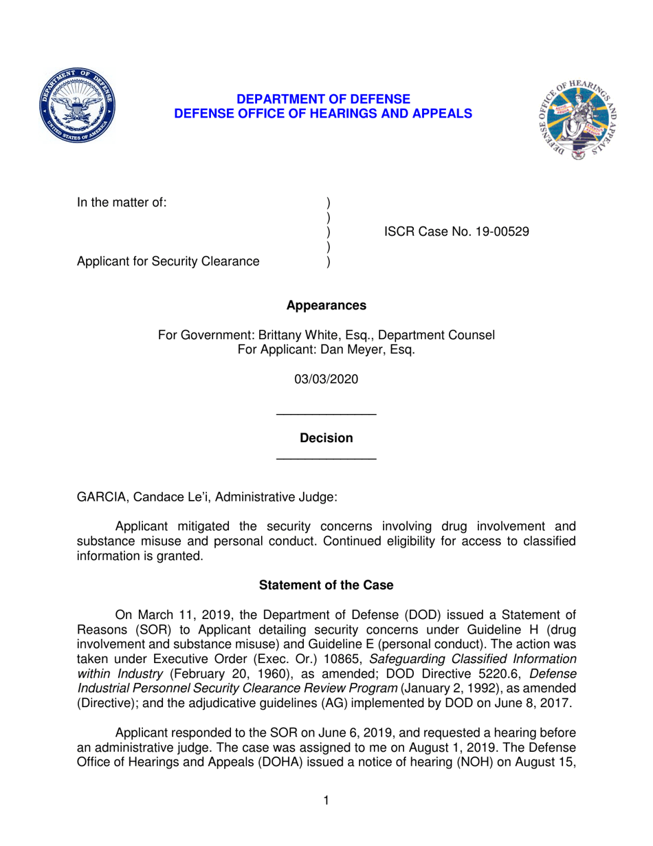 Iscr Case No. 19-00529 - Applicant for Security Clearance, Page 1