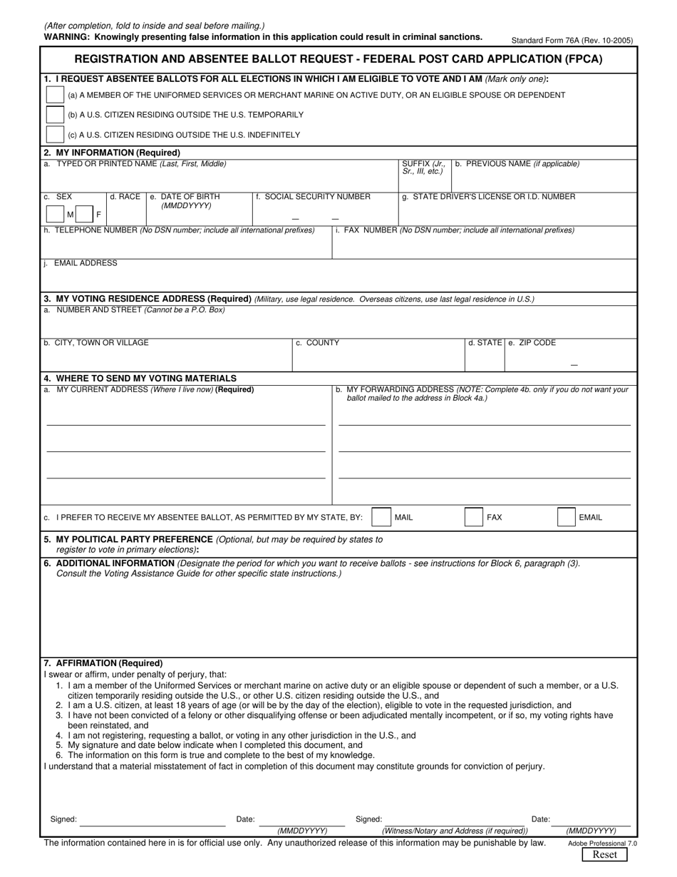 Form SF-76A Registration and Absentee Ballot Request - Federal Post Card Application (Fpca), Page 1