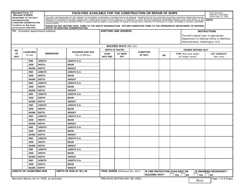 Form SF-17 Facilities Available for the Construction or Repair of Ships, Page 1