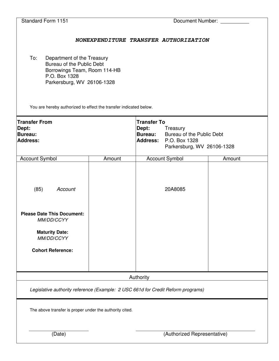 Form SF-1151 Nonexpenditure Transfer Authorization, Page 1