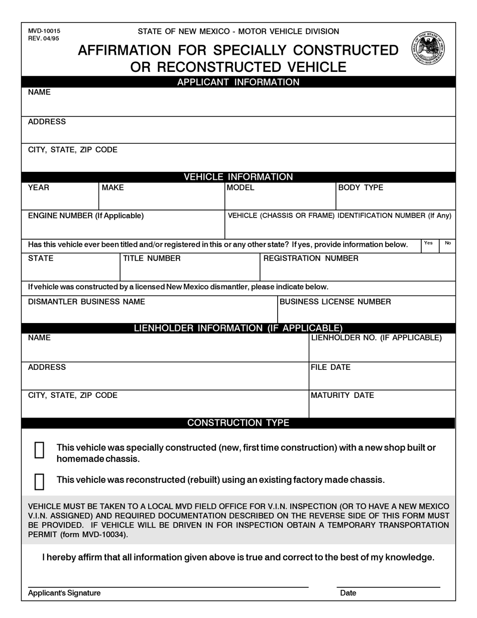 Form MVD-10015 Affirmation for Specially Constructed or Reconstructed Vehicle - New Mexico, Page 1