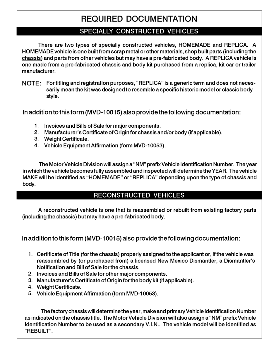 Form MVD-10015 Affirmation for Specially Constructed or Reconstructed Vehicle - New Mexico, Page 2