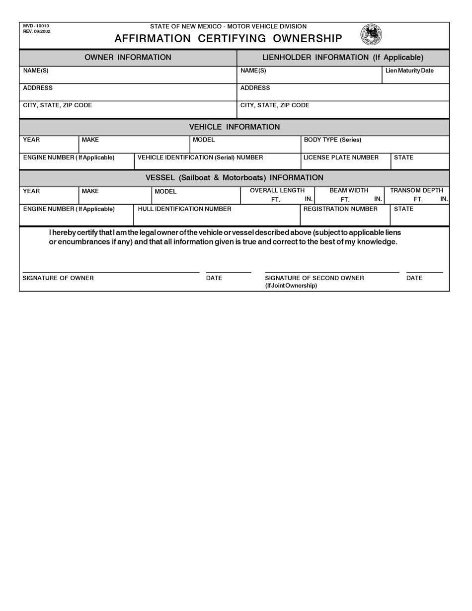 Form MVD-10010 Affirmation Certifying Ownership - New Mexico, Page 1