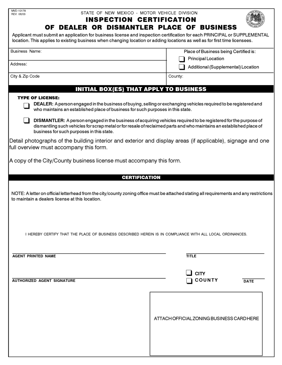 Form MVD-10178 Inspection Certification of Dealer or Dismantler Place of Business - New Mexico, Page 1