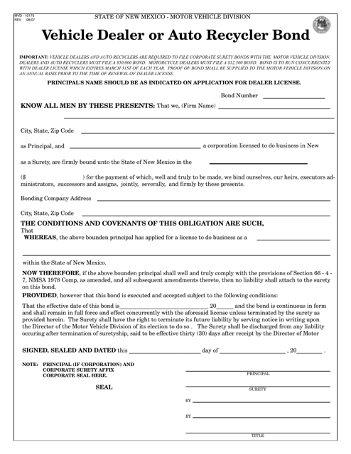 Form MVD-10175 Vehicle Dealer or Auto Recycler Bond - New Mexico