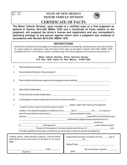 Form MVD-10077 Certificate of Facts - New Mexico