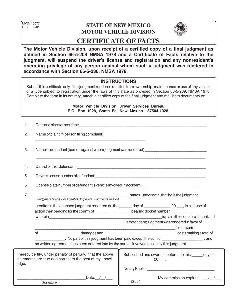 Form MVD-10077 Certificate of Facts - New Mexico, Page 1