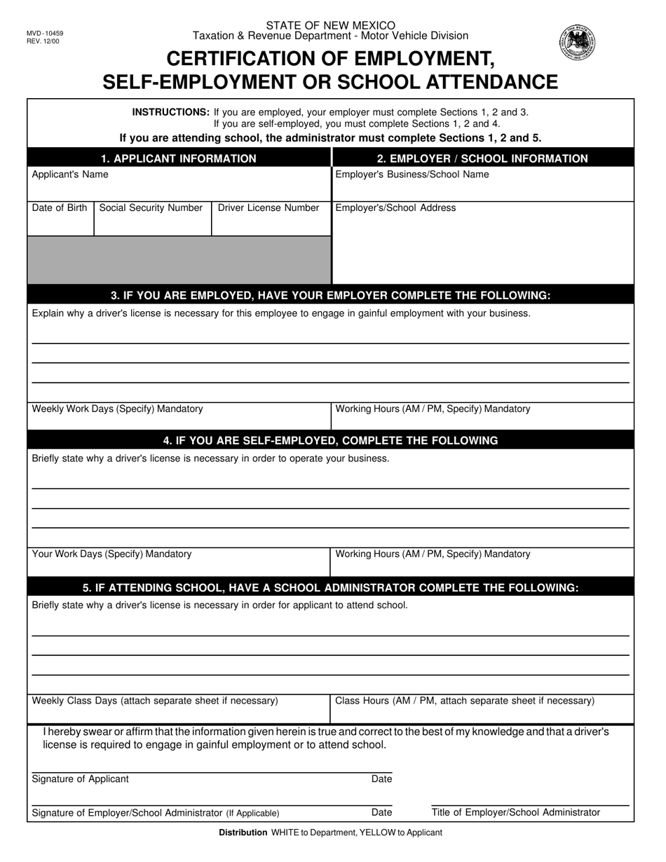 Form MVD10459 Certification of Employment, Self-employment or School Attendance - New Mexico, Page 1