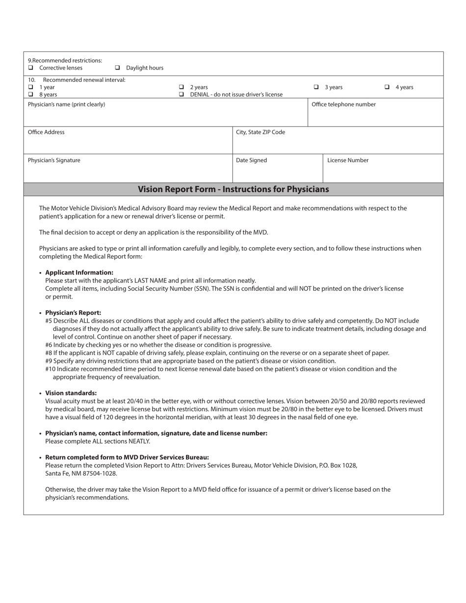 Form MVD-10125 Vision Report - New Mexico, Page 2