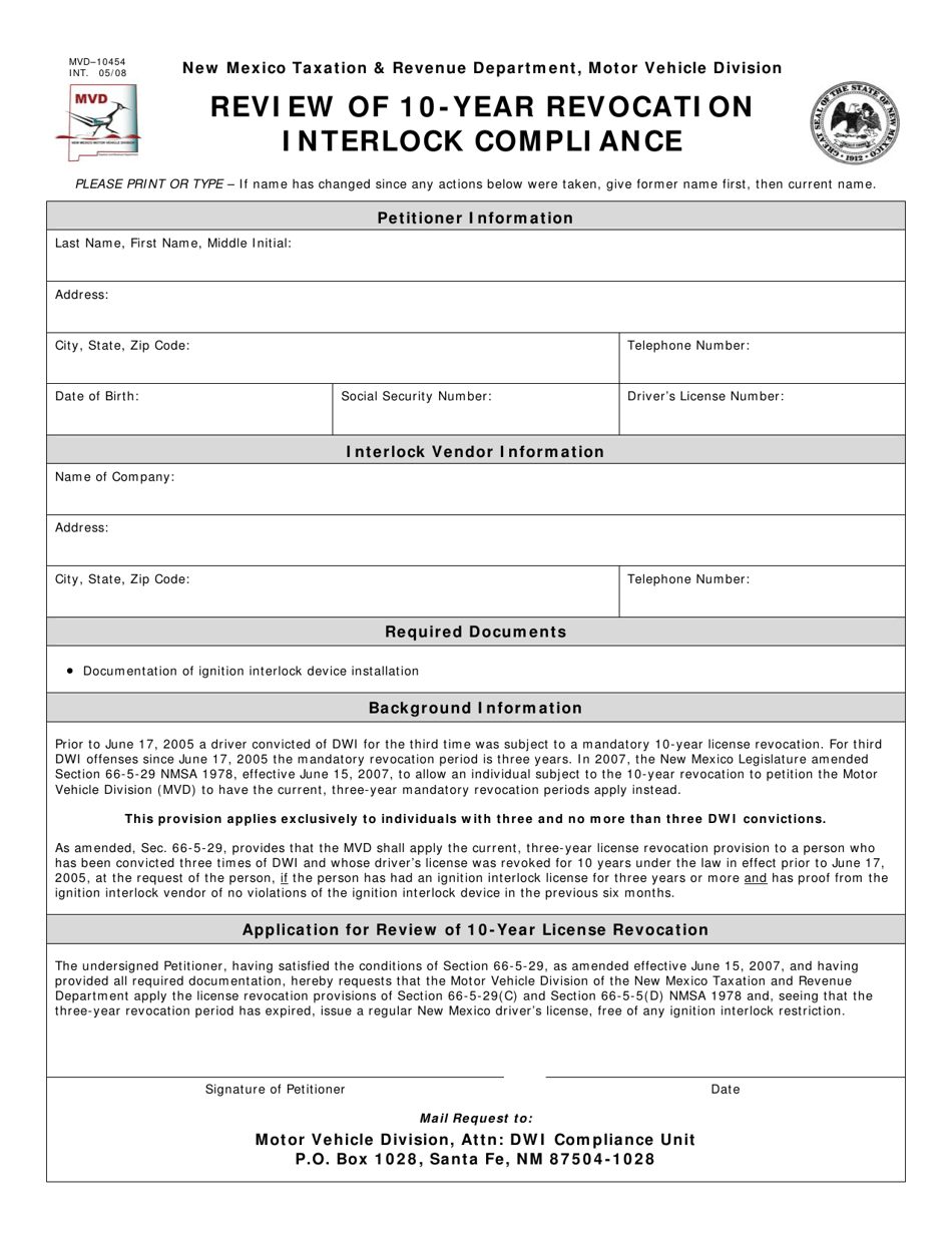 Form MVD-10454 Review of 10-year Revocation Interlock Compliance - New Mexico, Page 1