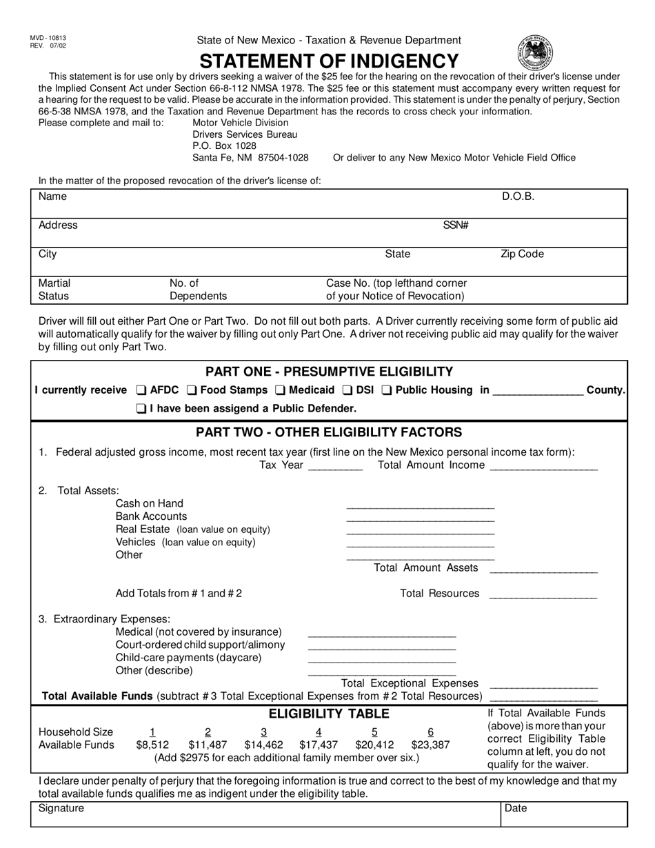 Form MVD-10813 Statement of Indigency - New Mexico, Page 1