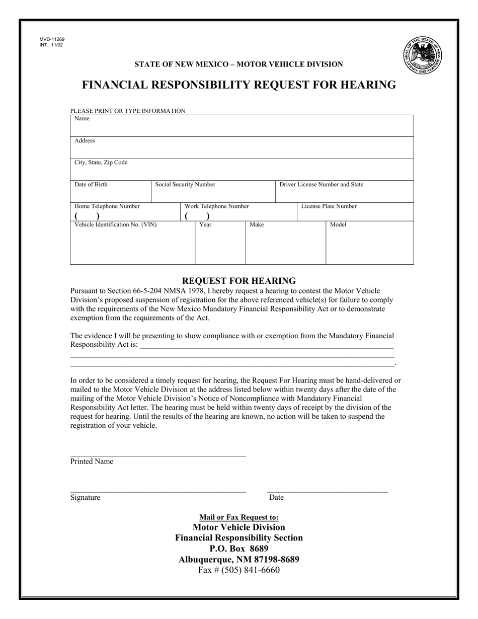 Form MVD-11269 Financial Responsibility Request for Hearing - New Mexico, Page 1