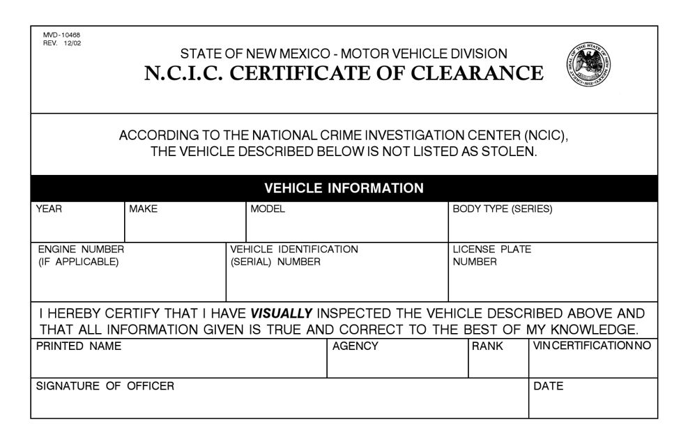 Form MVD-10468 N.c.i.c. Certificate of Clearance - New Mexico