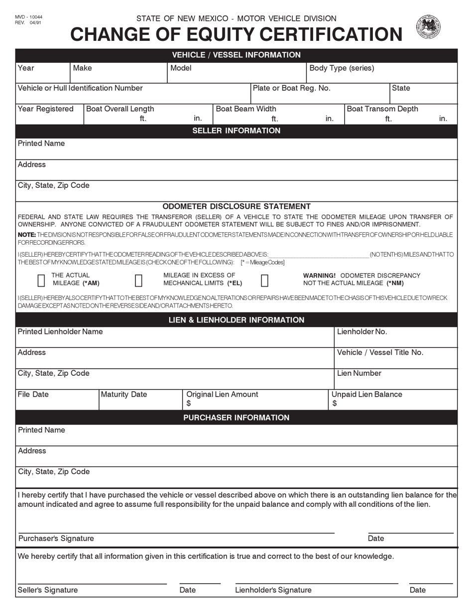 Form MVD-10044 Change of Equity Certification - New Mexico, Page 1