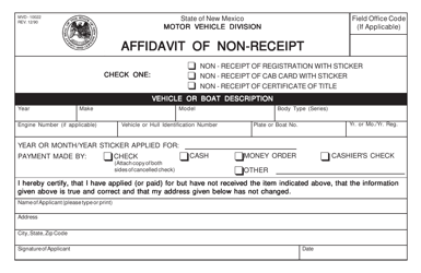 Document preview: Form MVD-10022 Affidavit of Non-receipt - New Mexico