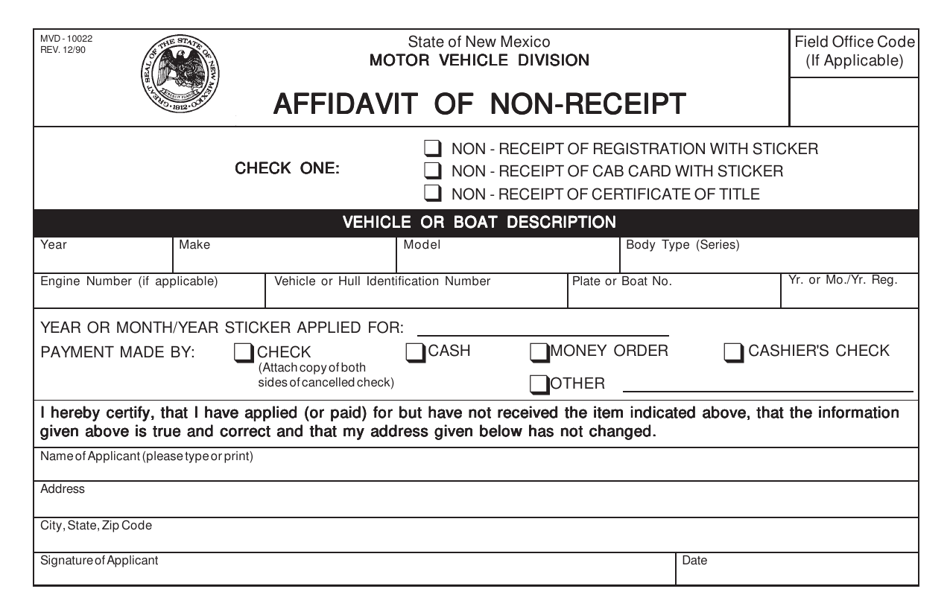 Form MVD-10022 Affidavit of Non-receipt - New Mexico, Page 1