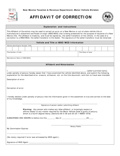 Form MVD-10019 Affidavit of Correction - New Mexico