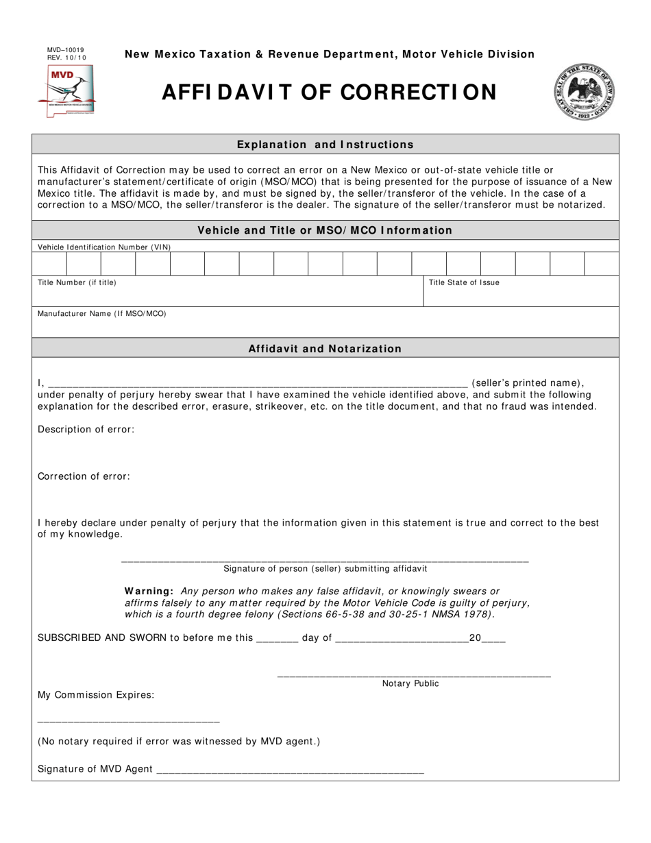 Form MVD-10019 Affidavit of Correction - New Mexico, Page 1